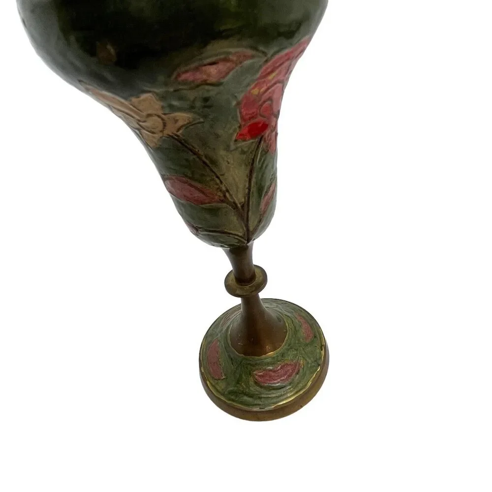 Brass Enamel Vase Footed Fluted Top Green Pink Cream Vintage MCM Retro Decor - Picture 6 of 16